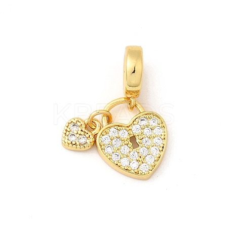 Brass Micro Pave Clear Cubic Zirconia Heart Lock European Dangle Charms KK-I359-08G-1