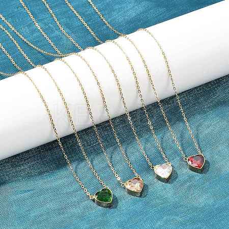 304 Stainless Steel Pave Cubic Zirconia/Glass Heart Pendant Necklaces NJEW-H088-06G-1