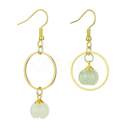 Natural Green Aventurine Pumpkin with Ring Dangle Earrings EJEW-JE05509-03-1