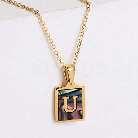 304 Stainless Steel Pave Natural Paua Shell Rectangle Initial Pendant Necklaces for Women FS-WG38E89-21-1