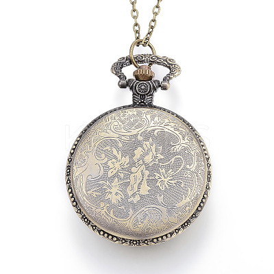 Carved Alloy Flat Round Pendant Necklace Quartz Pocket Watch WACH-P006-05-1
