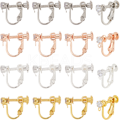 32Pcs 4 Colors Brass Micro Pave Cubic Zirconia Screw Clip-on Earring Findings KK-SC0005-55-1