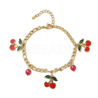 304 Stainless Steel Enamel Cherry Charm Bracelets BJEW-M095-01G-1