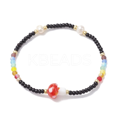 Glass Seed & Plastic Mushroom Beaded Stretch Bracelet for Women BJEW-JB10185-1