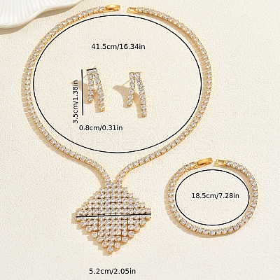 Rhombus Brass Micro Pave Clear Cubic Zirconia Bracelets & Earrings & Necklaces Sets for Women BR7277-1