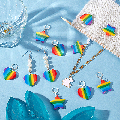 12Pcs 2 Style Striped Plastic Rainbow Heart & Star Charm Locking Stitch Markers HJEW-PH01681-1