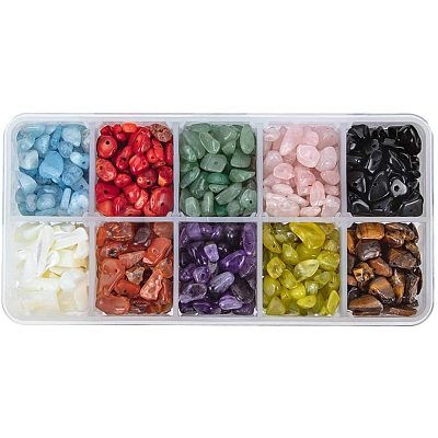 Natural Jade & Aquamarine & Green Aventurine & White Shell & Red Jasper & Rose Quartz & Tiger Eye & Amethyst & Agate & Obsidian Chips Beads G-PH0033-03-1