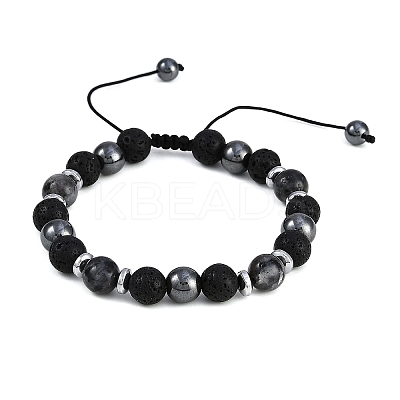Non-Magnetic Synthetic Hematite & Natural Larvikite & Natural Lava Rock Round Beaded Braided Bracelets for Men Women BJEW-JB11185-02-1