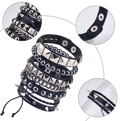 4Pcs 4 Styles Punk Style Hematite Round Beaded Stretch Bracelets & Rivets Bracelets  with Alloy Braided Bead Bracelets & Imitation Leather Bangles for Men Women BJEW-WH20002-09B-1