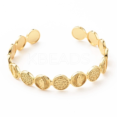 Brass Flat Round with Rosary Jesus Open Cuff Bangle for Women BJEW-B054-04G-1