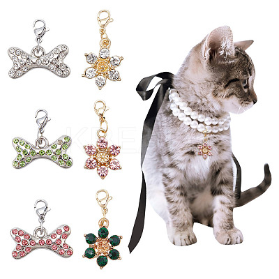 6Pcs Flower & Bone Alloy Rhinestone Pendant Decoration HJEW-DR00167-1
