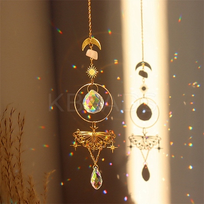 Natural Rose Quartz Brass Moon & Star Hanging Ornaments PW-WG80899-01-1