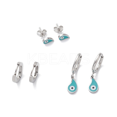 3 Pairs 3 Style Enamel Teardrop with Evil Eye Dangle Hoop Earrings EJEW-B020-18P-1