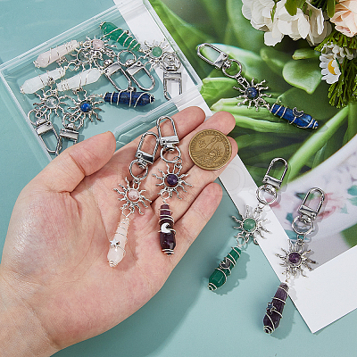 10Pcs Copper Wire Wrapped Natural Quartz Crystal & Amethyst & Rose Quartz & Green Aventurine & Lapis Lazuli Pointed Bullet Pendant Decorations HJEW-FH00149-1