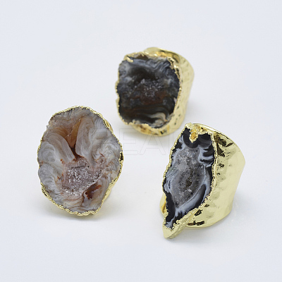 Adjustable Natural Druzy Agate Cuff Finger Rings RJEW-L079-K01-1