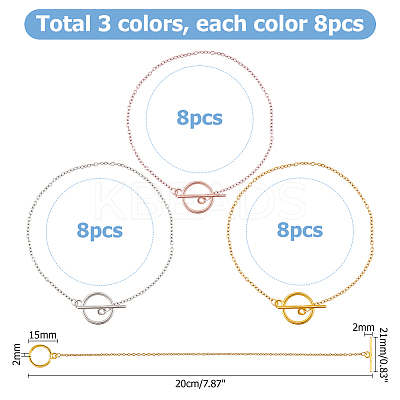 24Pcs 3 Colors 304 Stainless Steel Cable Chains Bracelets for Women BJEW-HS00008-1