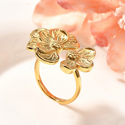 Flower 201 Stainless Steel Open Cuff Ring for Women RJEW-A053-02I-G-1