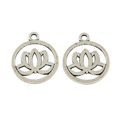 Tibetan Style Flat Round with Lotus Alloy Pendants TIBEP-Q043-300-RS-1