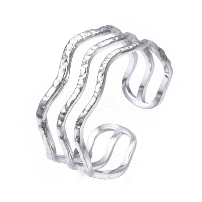 Non-Tarnish 304 Stainless Steel Triple Line Wave Open Cuff Ring RJEW-T023-02P-1