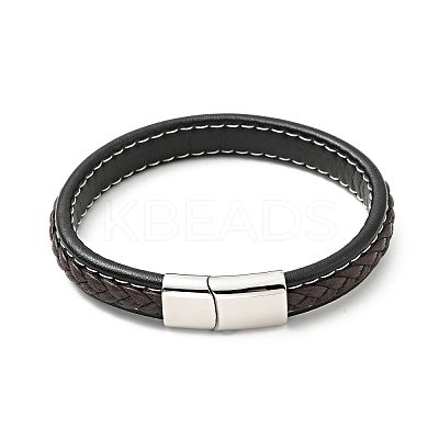 Cowhide Braided Flat Cord Bracelet with 304 Stainless Steel Magnetic Clasps BJEW-H552-01P-03-1