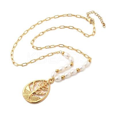 304 Stainless Steel & Plastic Pearl Teardrop with Tree Pendant Necklaces for Women NJEW-U051-01G-1