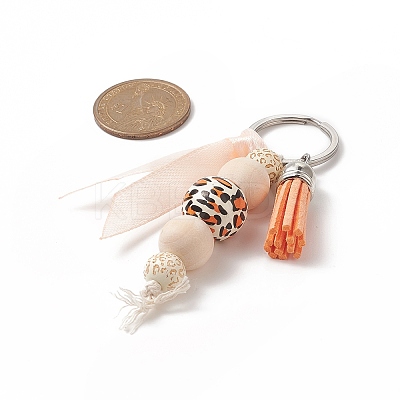Cube & Round & Octagon Wooden Beaded Pendant Keychain KEYC-JKC00462-1