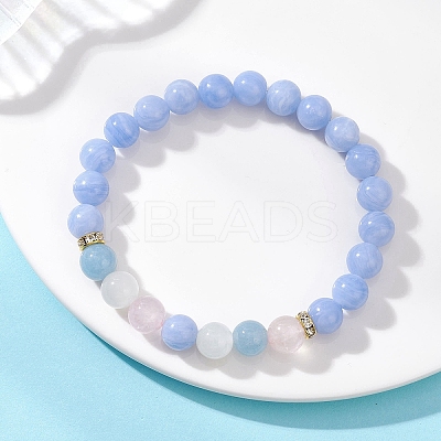 Round Natural Mixed Gemstone Beads & Brass Rhinestone Spacer Beads Stretch Bracelets for Women BJEW-JB12707-1