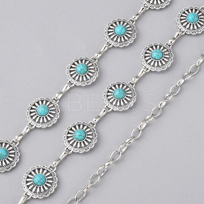 Synthetic Turquoise Flower Link Chains Belt AJEW-WH0258-427-1
