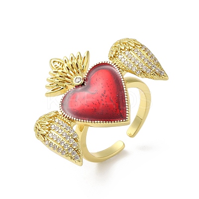 Sacred Heart with Wing Brass Micro Pave Cubic Zirconia Cuff Rings RJEW-H236-01G-03-1