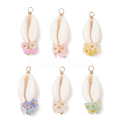 6Pcs 6 Colors Natural Cowrie Shell with Acrylic Flower Pendants PALLOY-JF04524-1