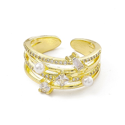 Clear Cubic Zirconia Rectangle & Rhombus Open Cuff Ring with Plastic Pearl Beaded RJEW-I091-15G-1