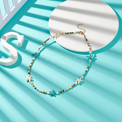Colorful Synthetic Turquoise Starfish & Shell Pearl & Glass Seed Beaded Necklace for Women NJEW-TA00044-1