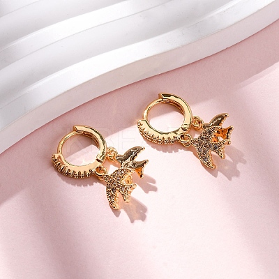 Swallow Brass Micro Pave Clear Cubic Zirconia Hoop Earrings EJEW-F384-06G-1