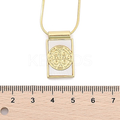 Brass Pave Shell Rectangle Saint Benedict Medal Cross Pendants Necklaces for Women LS-NJEW-Z053-01G-02-1