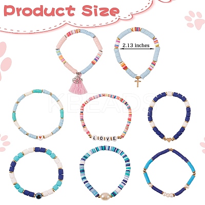 8Pcs 8 Style Polymer Clay Heishi & Natural Pearl & Non-magnetic Synthetic Hematite Beads Stretch Bracelets Set for Girl Women BJEW-SZ0001-81-1