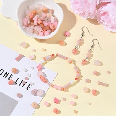 130Pcs 11 Styles Synthetic Coral & Natural Pink Opal & Dyed Malaysia Jade & Rose Quartz & Pink Aventurine Beads G-YW0002-98-1