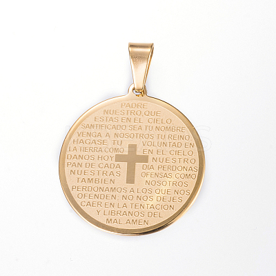 Ion Plating(IP) 304 Stainless Steel Flat Round with Word Lord's Prayer Cross Pendants X-STAS-P085-25-1