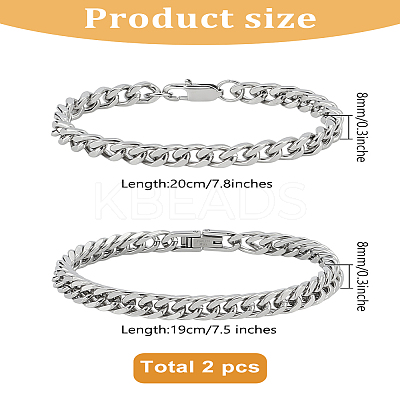 1Set 2Pcs  Stainless Steel Cuban Link Chain Bracelets for Men BJEW-LP0001-28-1