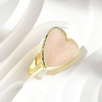 Heart Brass Natural Rose Quartz Finger Rings RJEW-D304-01G-B-1