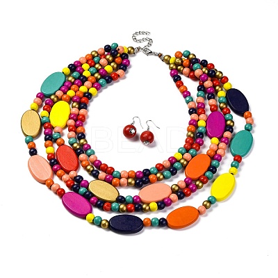 Handmade Wood Beads Multi-Layer Necklaces & Boho Dangle Earrings Set SJEW-A001-01A-1