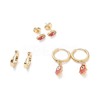3 Pairs 3 Style Enamel Hamsa Hand with Evil Eye Dangle Hoop Earrings EJEW-B020-08G-1