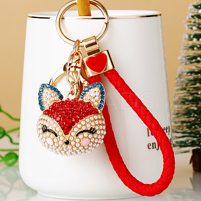Full Rhinestone Pearl Fox Head Pendant Keychain WG98948-04-1