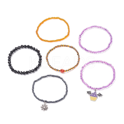 6Pcs 6 Style Dyed Synthetic Turquoise Skull & Glass Beaded Stretch Bracelets Set BJEW-JB09391-1
