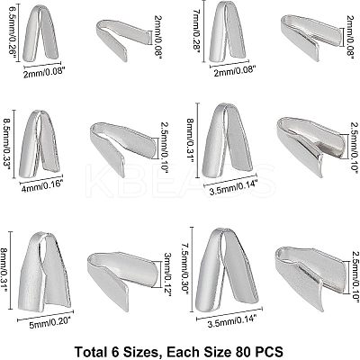 480Pcs 6 Styles 304 Stainless Steel Clamp Cord Ends STAS-UN0023-32-1