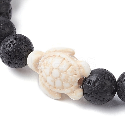 Natural Lava Rock Round & Synthetic Turquoise Turtle Beaded Stretch Bracelet for Women BJEW-JB09700-04-1