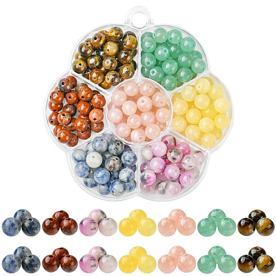 175Pcs 7 Styles Round Natural Tiger Eye & Green Aventurine & Red Jasper & Topaz Jade & Dyed Persian Jade & Blue Spot Jasper & Yellow Jade Box Sets DIY-FS0007-08-1