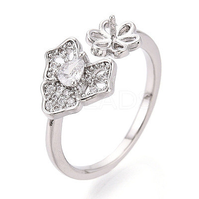 Leaf Brass Micro Pave Clear Cubic Zirconia Cuff Ring Settings KK-T076-34P-1