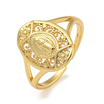 Oval with Virgin Mary Brass Open Cuff Rings for Women RJEW-Z050-08G-1