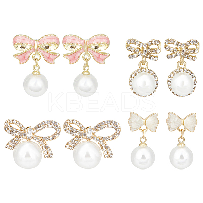 4 Pairs 4 Styles Alloy Enamel Bowknot & Plastic Pearl Dangle Stud Earrings with Sterling Silver Pins EJEW-AN0004-93-1