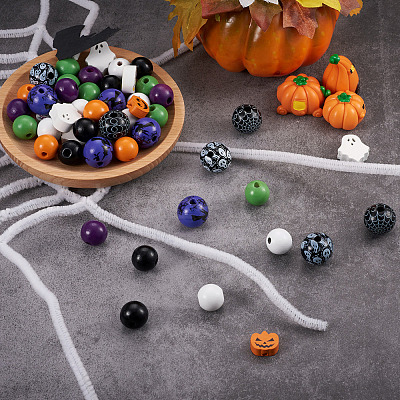 17 Style Painted Natural Wood Beads WOOD-KS0001-17-1